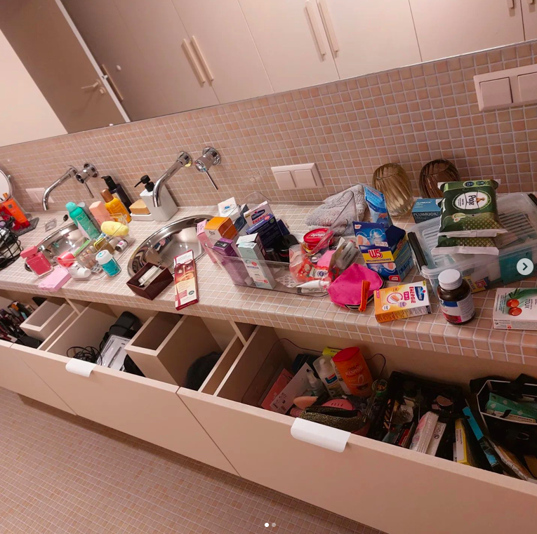 Messy kitchen counter before organising