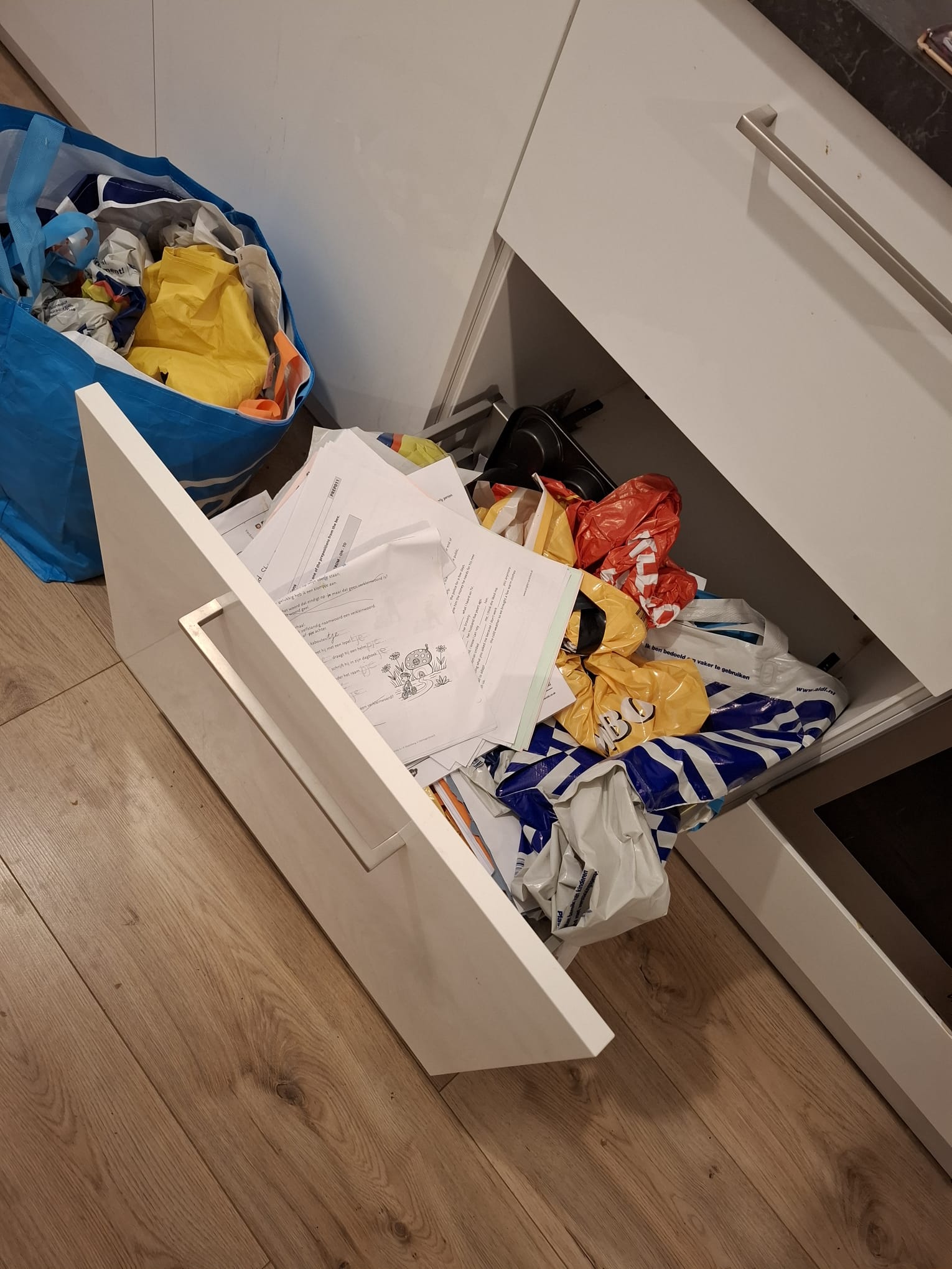 Cluttered area before organising